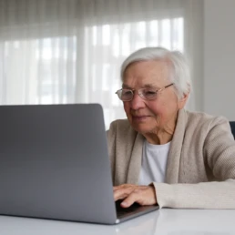 A portrait photo of an elderly woman as she reviews her medicare and healthcare coverage for the season on her laptop.